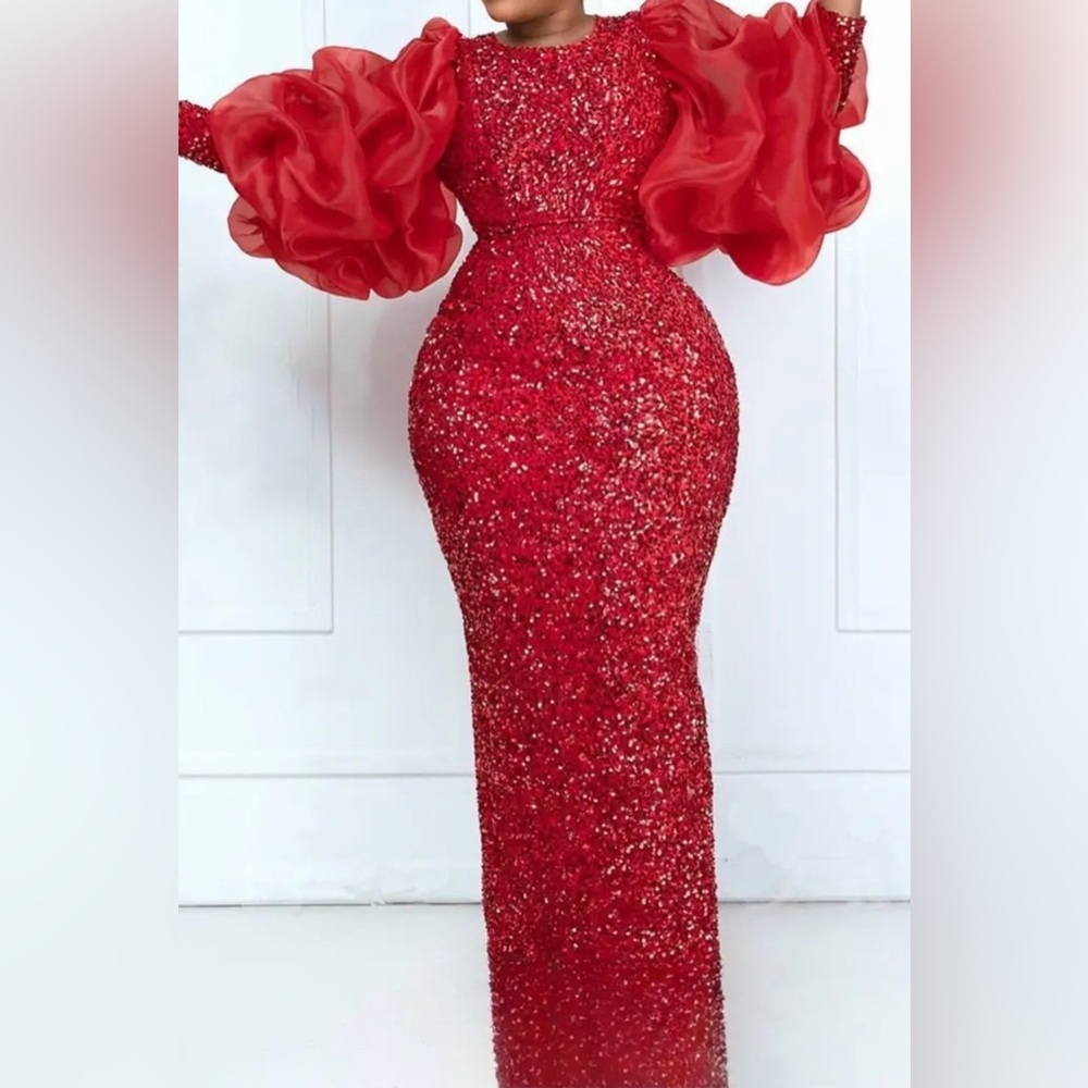 Red Sequin Dress with Puffy Sleeves
